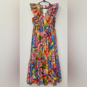 NWT Sugarlips New Guinea Sunfire Colorful Printed Ruffled Cap Sleeve Maxi Dress